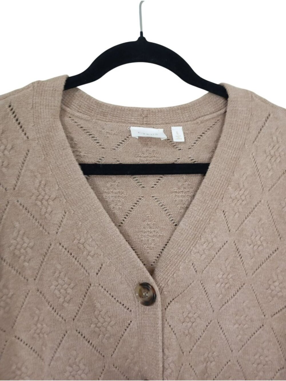 Cyrus Beige Diamond Knit Button-Front Cardigan Sweater Size L - Picture 4 of 10